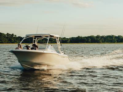 key west dual console boat on water